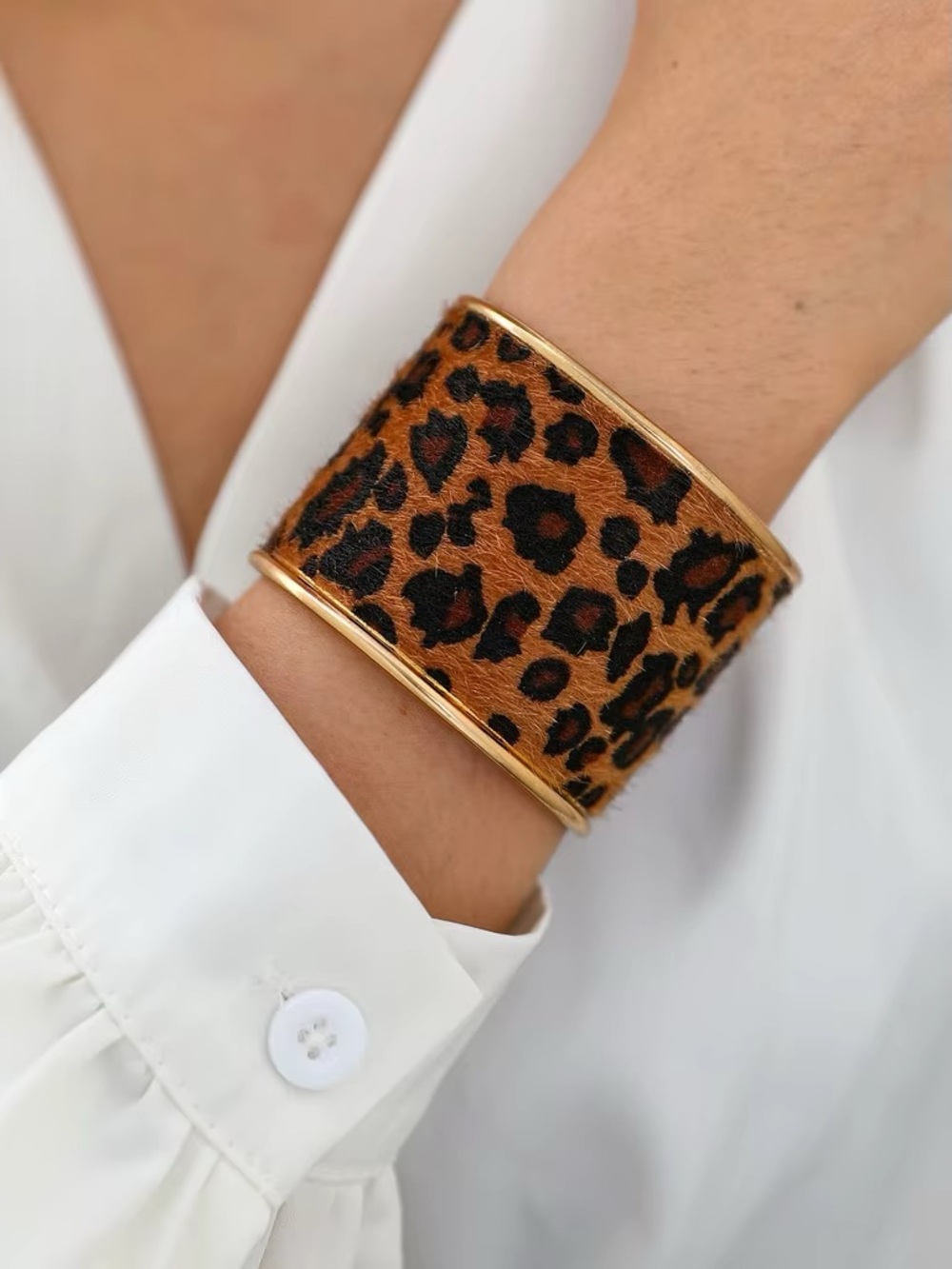 Leopard Print Gold-Trim Cuff Bracelet - Brown